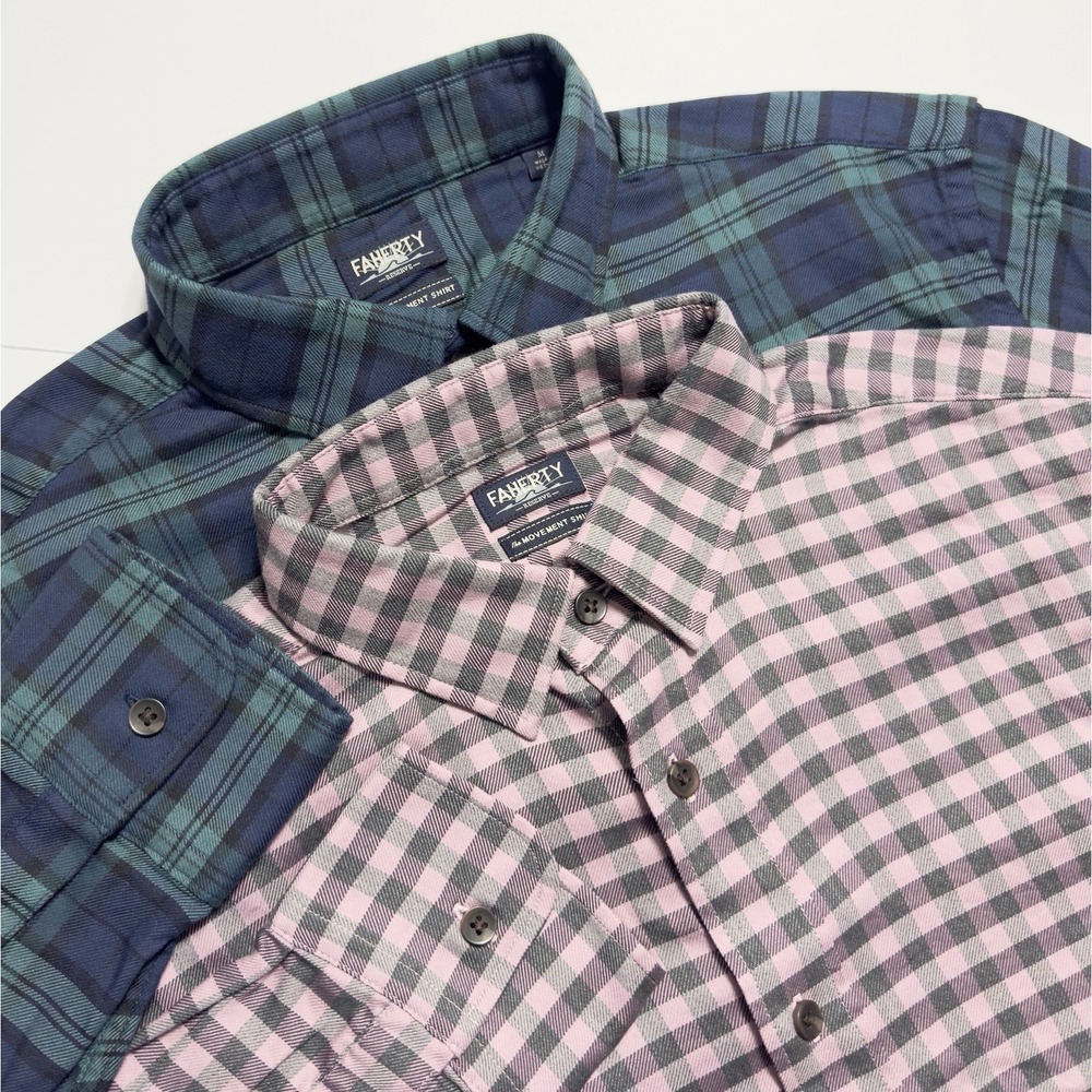 Lot of 2 Faherty Men's The Movement Shirt Sz M Check Plaid Stretch Button Down
